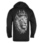 A black pullover hoodie shown from the back, featuring a large detailed grayscale graphic of a lion's head wearing a crown.