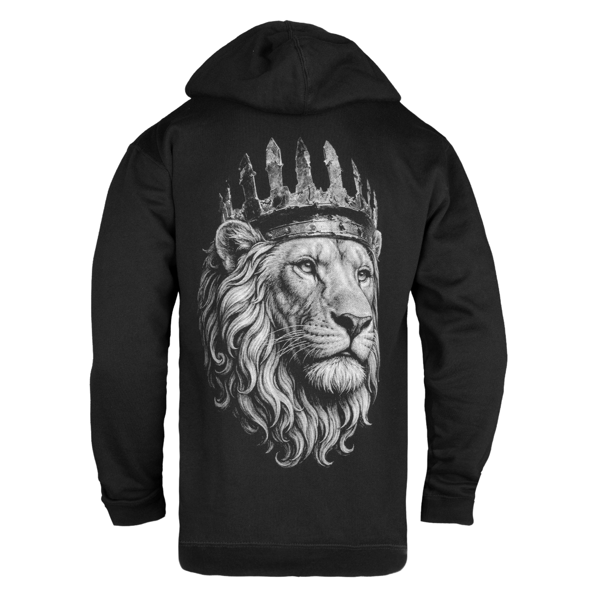 A black pullover hoodie shown from the back, featuring a large detailed grayscale graphic of a lion's head wearing a crown.