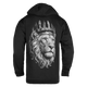 A black pullover hoodie shown from the back, featuring a large detailed grayscale graphic of a lion's head wearing a crown.