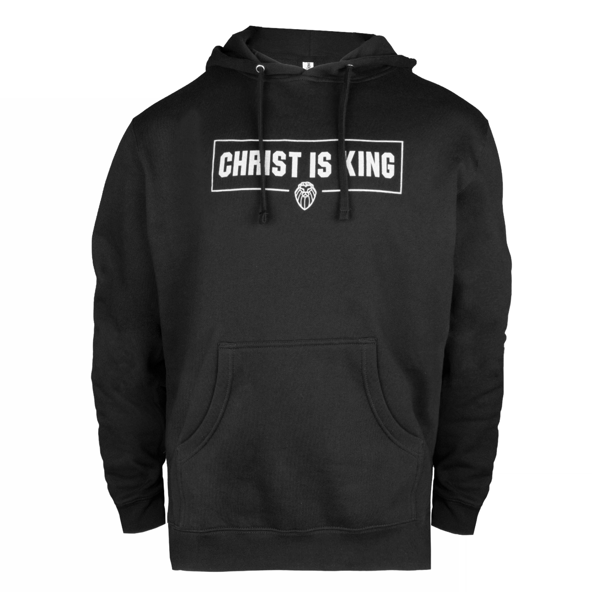 A black pullover hoodie with a white graphic print on the chest reading 'CHRIST IS KING' inside a rectangular border, with a small logo below it. The hoodie has black drawstrings and a front kangaroo pocket, shown against a plain white background.