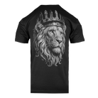 A black short-sleeve t-shirt with a large grayscale graphic of a lion wearing a crown on the back, shown against a plain white background.