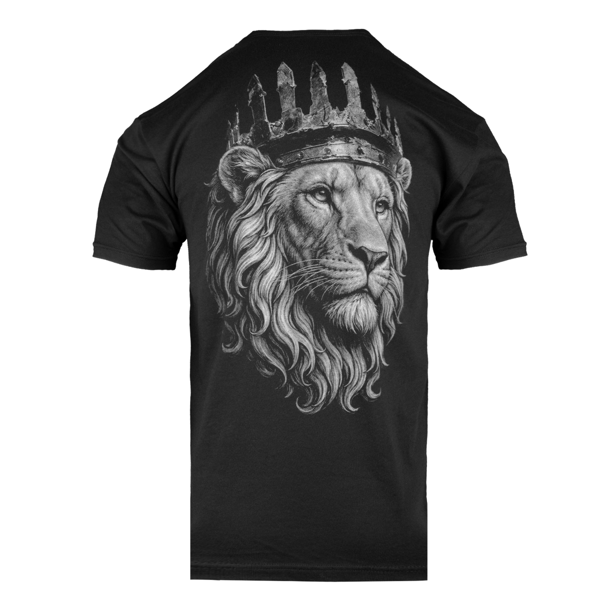 A black short-sleeve t-shirt with a large grayscale graphic of a lion wearing a crown on the back, shown against a plain white background.