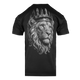 A black short-sleeve t-shirt with a large grayscale graphic of a lion wearing a crown on the back, shown against a plain white background.