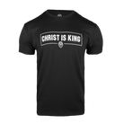 A black short-sleeve crewneck t-shirt with a white graphic print on the chest reading 'CHRIST IS KING' inside a white outlined arch, with a small lion head emblem below it, shown on a plain white background.