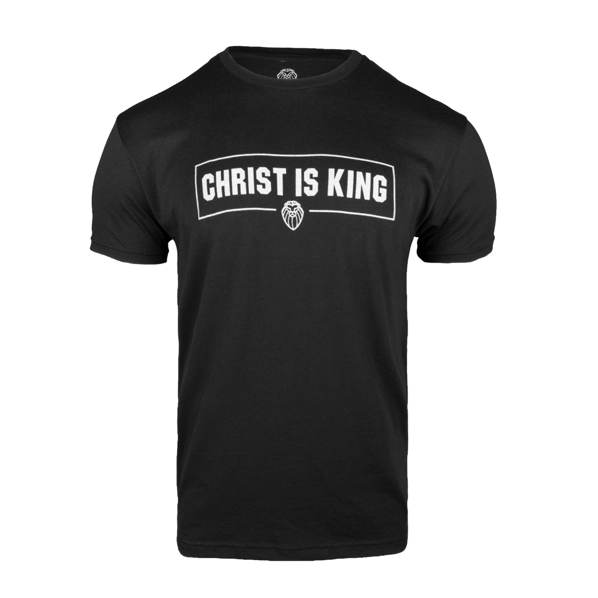 A black short-sleeve crewneck t-shirt with a white graphic print on the chest reading 'CHRIST IS KING' inside a white outlined arch, with a small lion head emblem below it, shown on a plain white background.