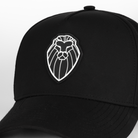 closeup of Black cap with white Undaunted Life Lion logo