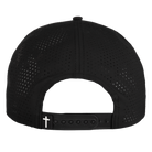 Rear view of black hat with cross label