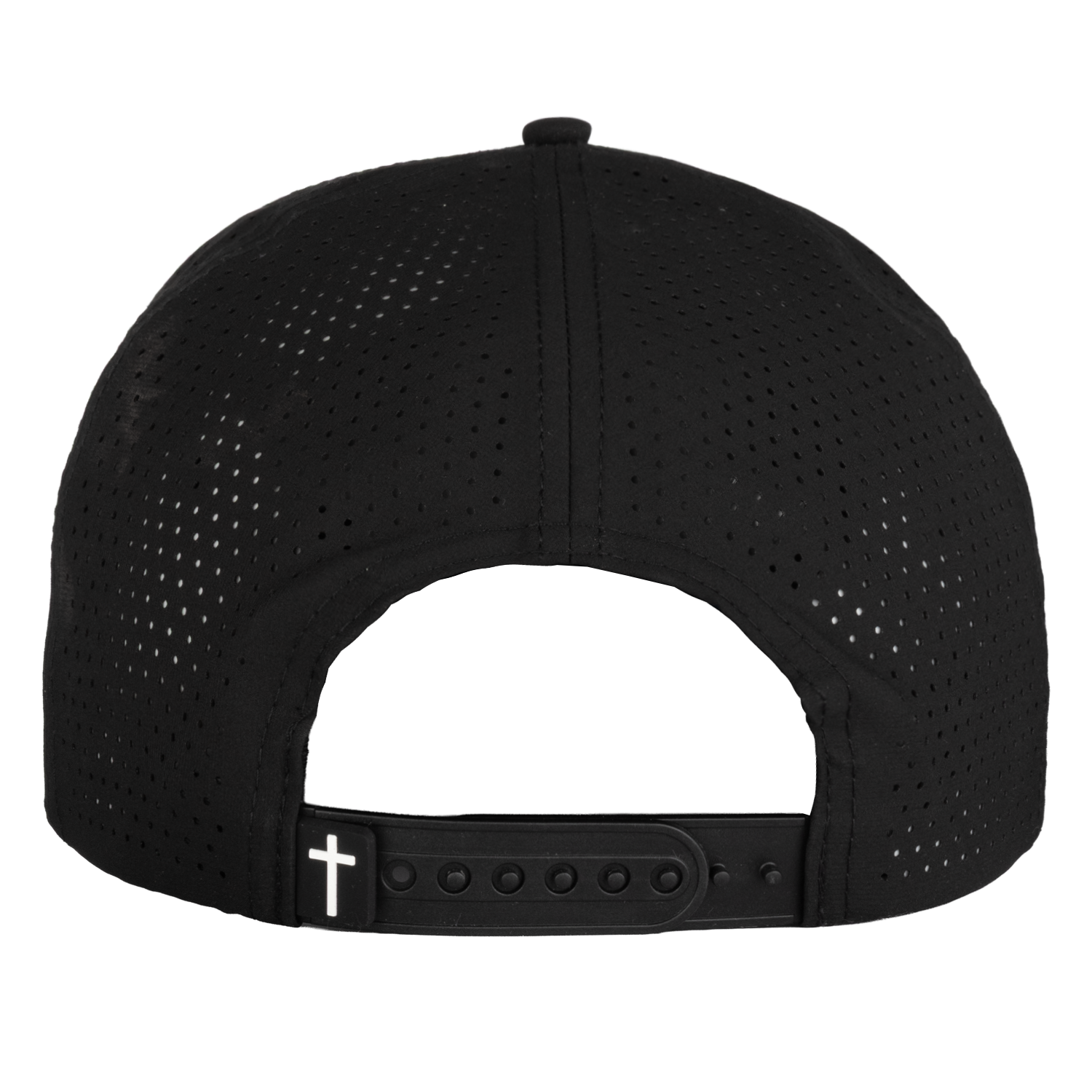 Rear view of black hat with cross label