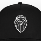 Closeup of Black cap with white Undaunted Life Lion logo