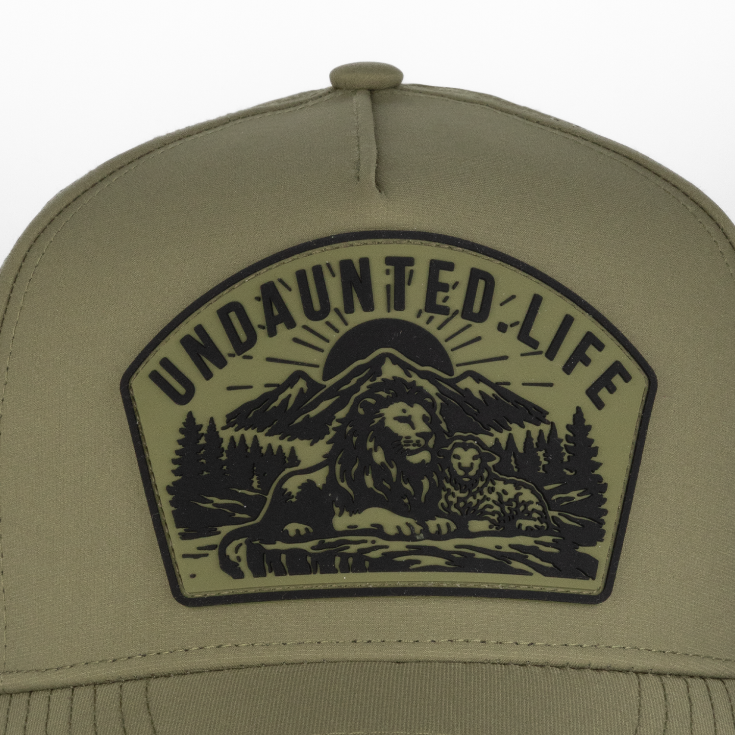 Closeup of Green hat with UNDAUNTED LIFE patch