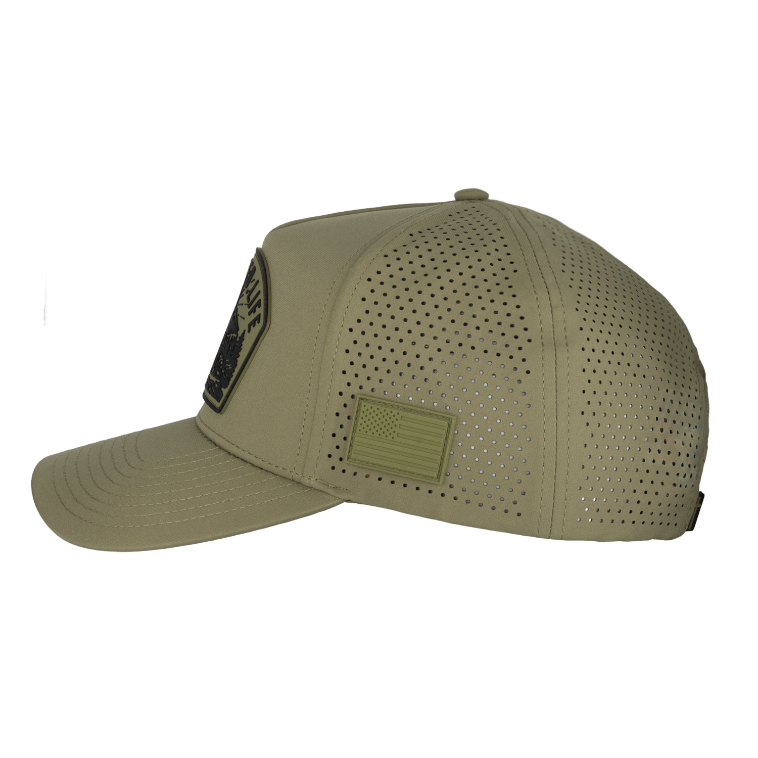 side view of green hat with American flag on side